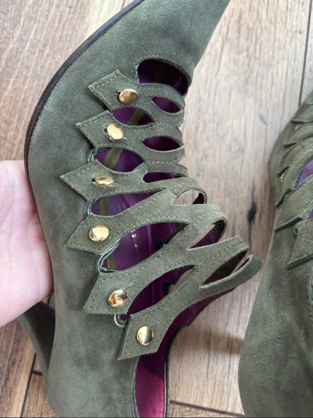 Etro Cage 1980s Leather Suede Olive Green Lace-Up Cage Stiletto Heels sz 9 1/2 - Picture 9 of 13